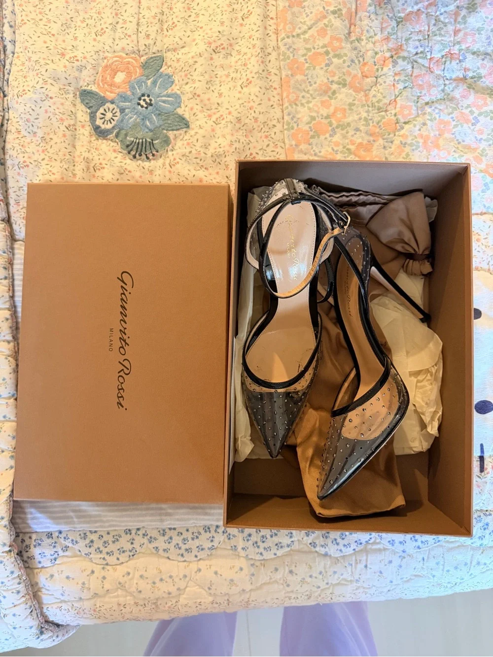 Gianvito Rossi Black Pointed Mesh Slingback Heels